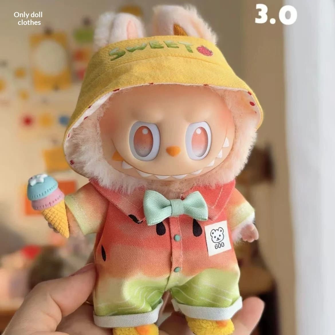 Vêtements pour poupée Labubu 3.0 17cm : Combinaison pastèque avec chapeau bob mignon et nœud papillo