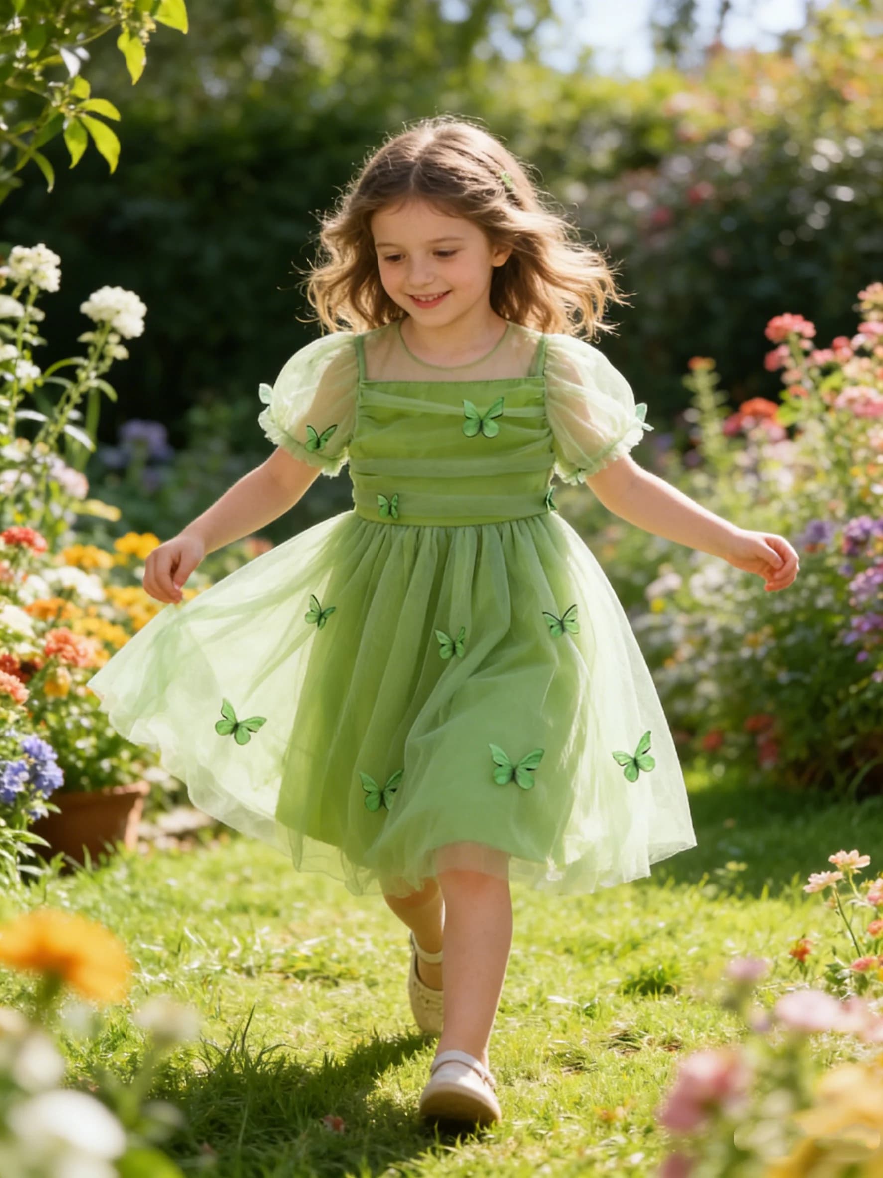 Nouvelle Robe d'été verte en tulle papillon pour bébés filles, vêtement mignon, jupe légère et fluid