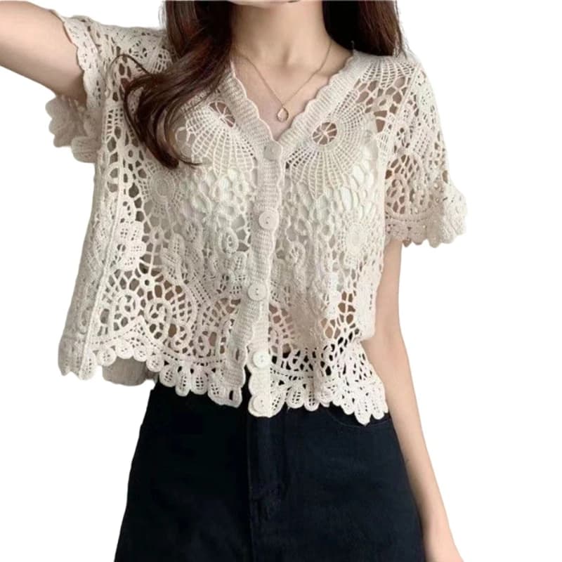 Cardigan évidé en dentelle à manches courtes pour femmes, style français, crochet, tricot, col en V,