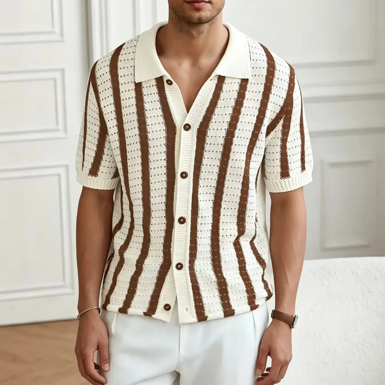 Polo en tricot rayé pour homme, manches courtes, cardigan boutonné, col en V, ajouré, style rétro dé
