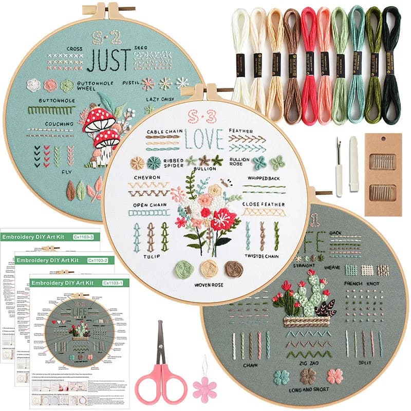 Kit de broderie pour débutants et adultes, 3 modèles estampillés, aiguilles, fils de couleur, access