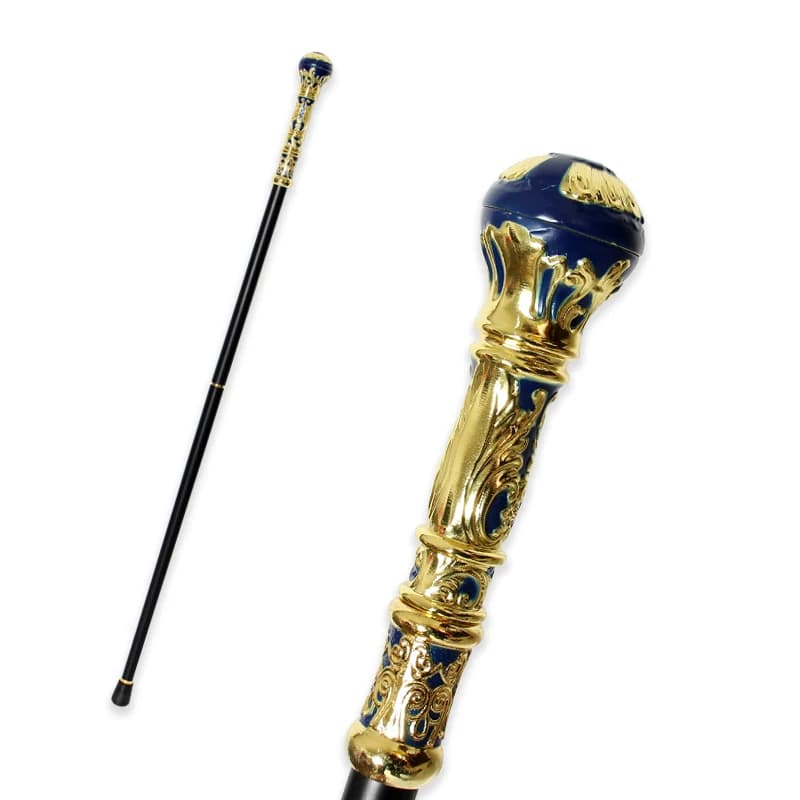 Canne de marche élégante de luxe bleue et dorée de 92 cm avec poignée ronde détachable, style vintag