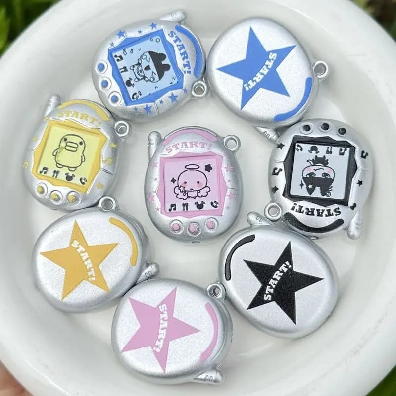 Accessoires de perles à trou traversant Tamagotchi, argent mat, imprimé double face, pour console de