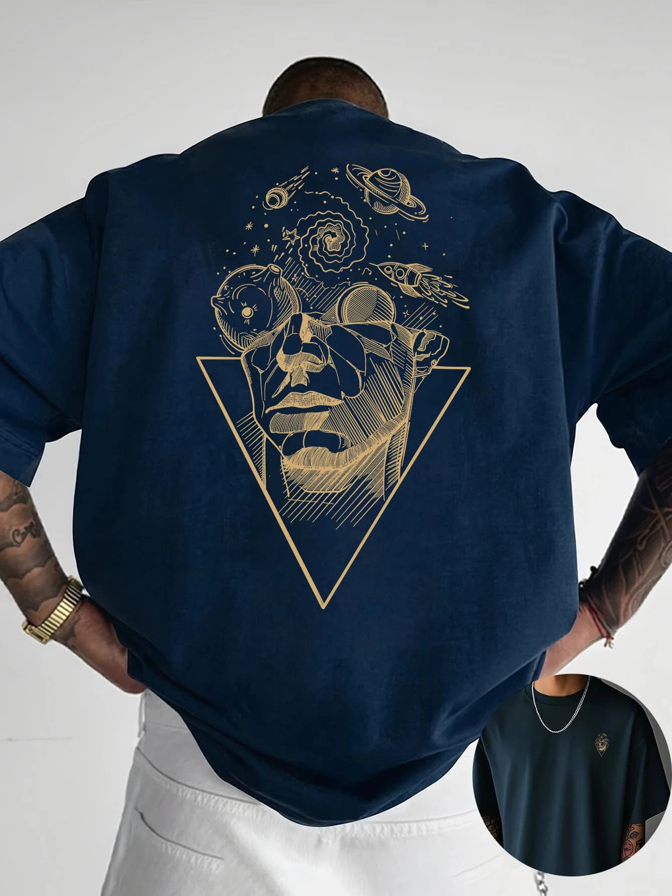 T-shirt Stellar Consciousness avec dessin doré du visage et des planètes, 100% coton, pour homme, vê