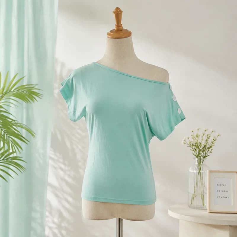 T-shirt asymétrique à une épaule pour femme, avec boutons décoratifs sur le côté, manches courtes, v
