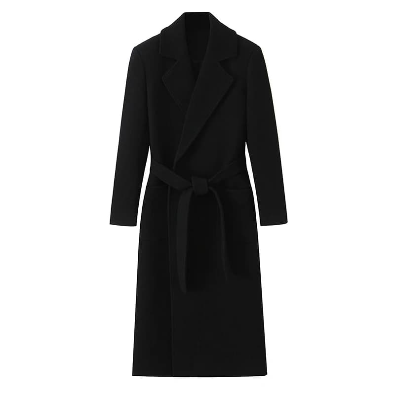 Mode femmes noir Long manteau en laine larges revers poches latérales ceinturé Cardigan pardessus 20