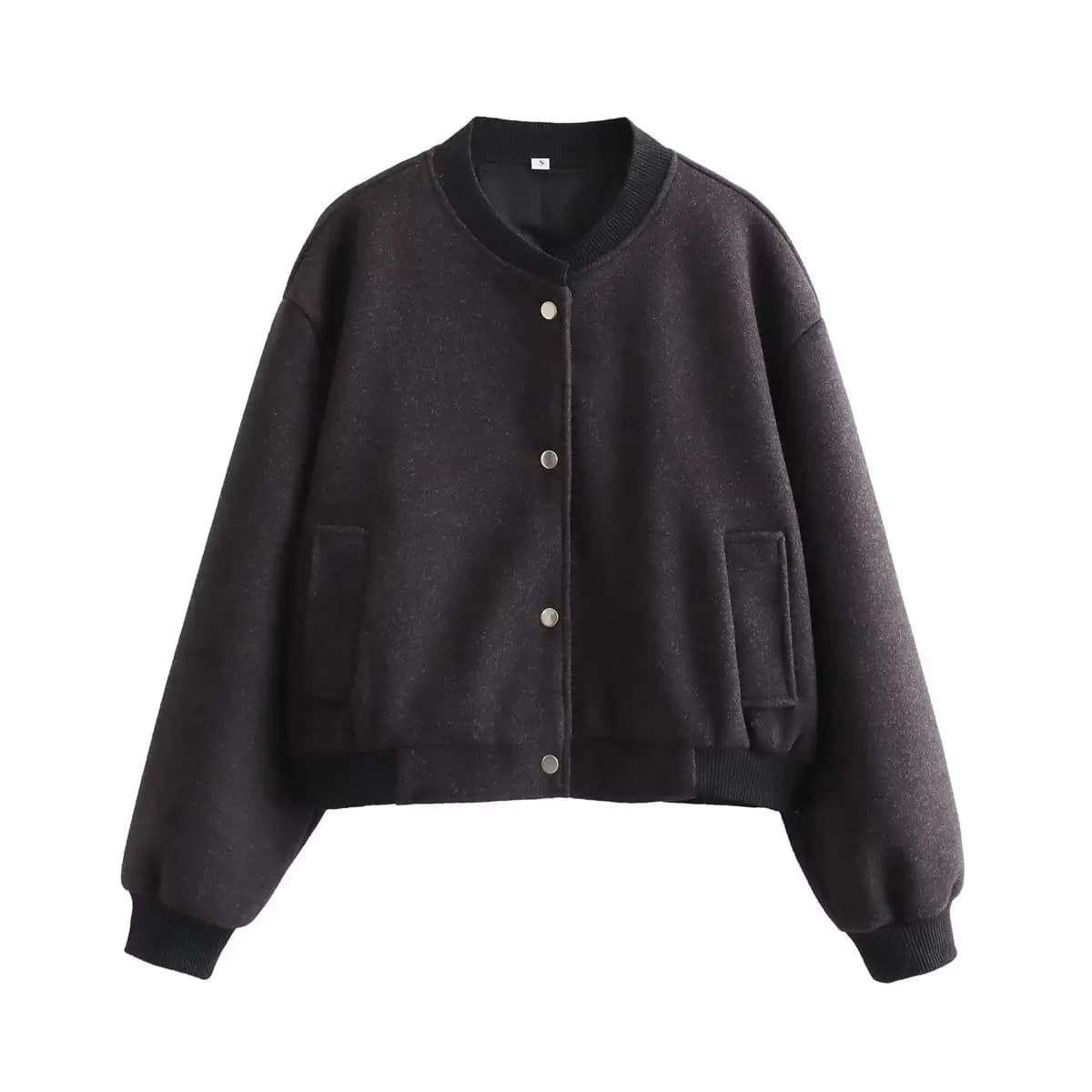 Blouson Bomber Doux Femme Automne/Hiver 2026 – Col Rond Uni, Manches Longues, Poches Polyvalentes, B