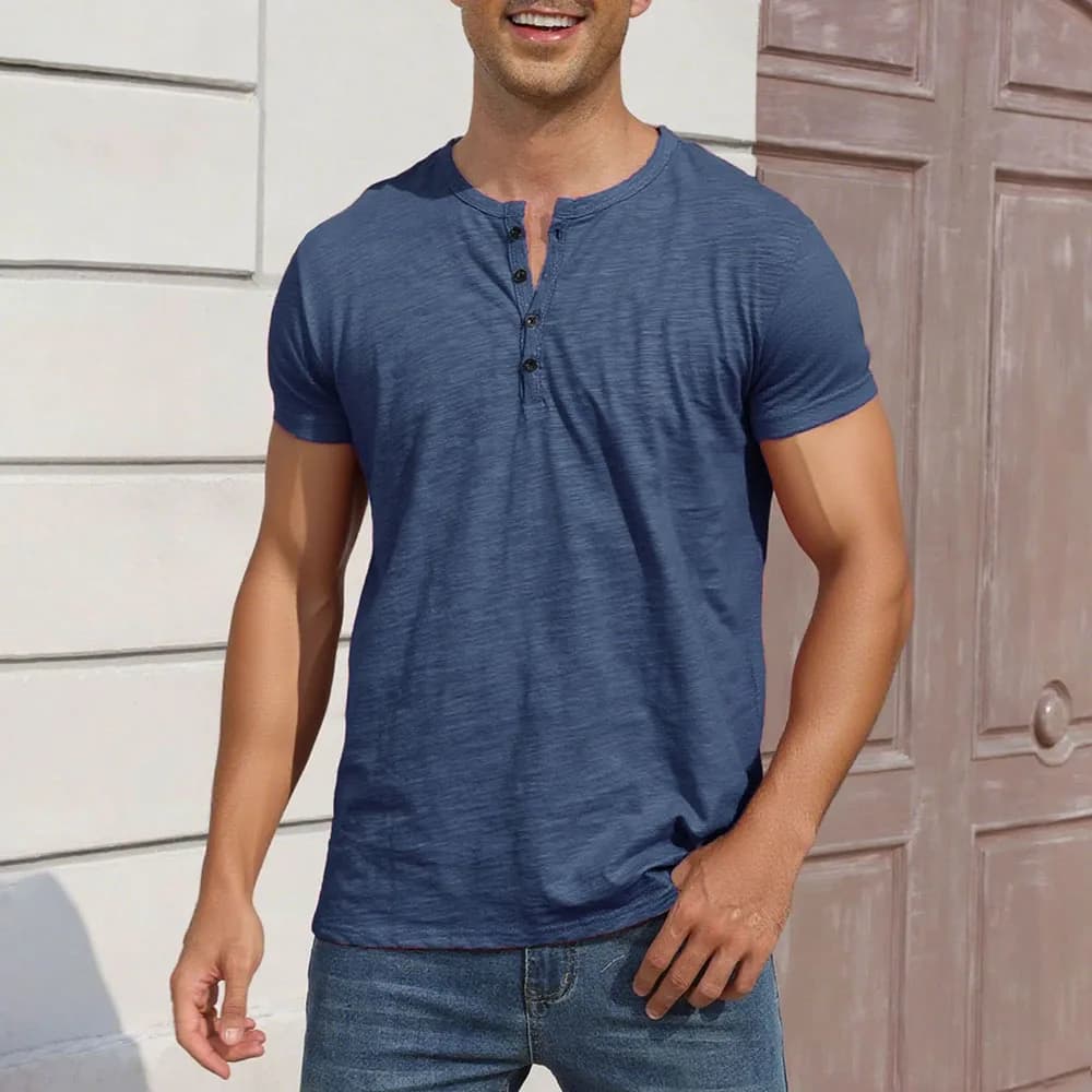 T-shirt en coton pour hommes, Design de boutons, respirant, couleur unie, manches courtes, col Henle