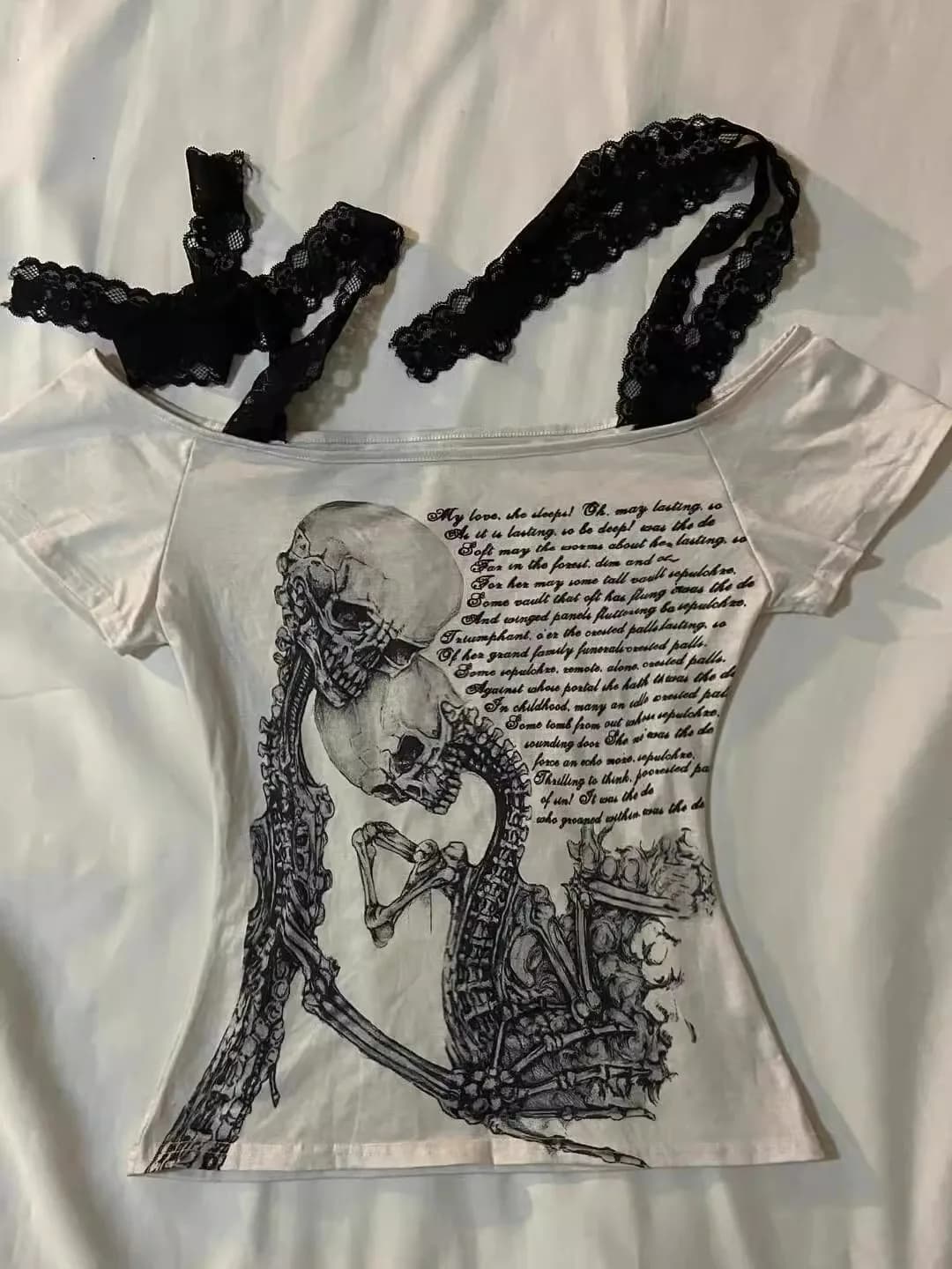 Femmes vêtements arcane rétro point crâne imprimé T-shirt à manches courtes femme sous-culture Y2k m