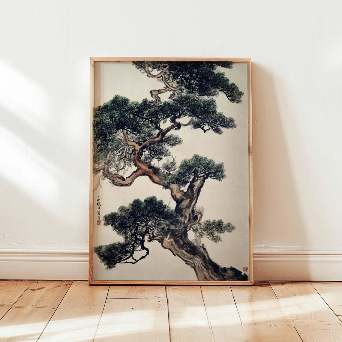 Affiche de chemin de jardin japonais, art mural vert beige, illustration de paysage forestier, impre