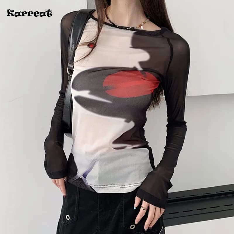T-shirt en maille Karrcat cyber-y2k, hauts imprimés Grunge esthétique japonais Harajuku, teinture pa