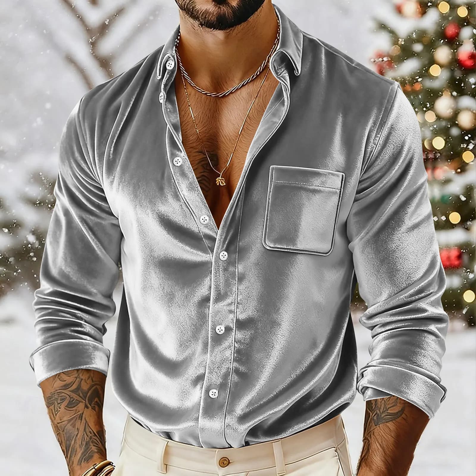 Chemise boutonnée de luxe en velours pour hommes |   Chemise habillée décontractée coupe ample pour 