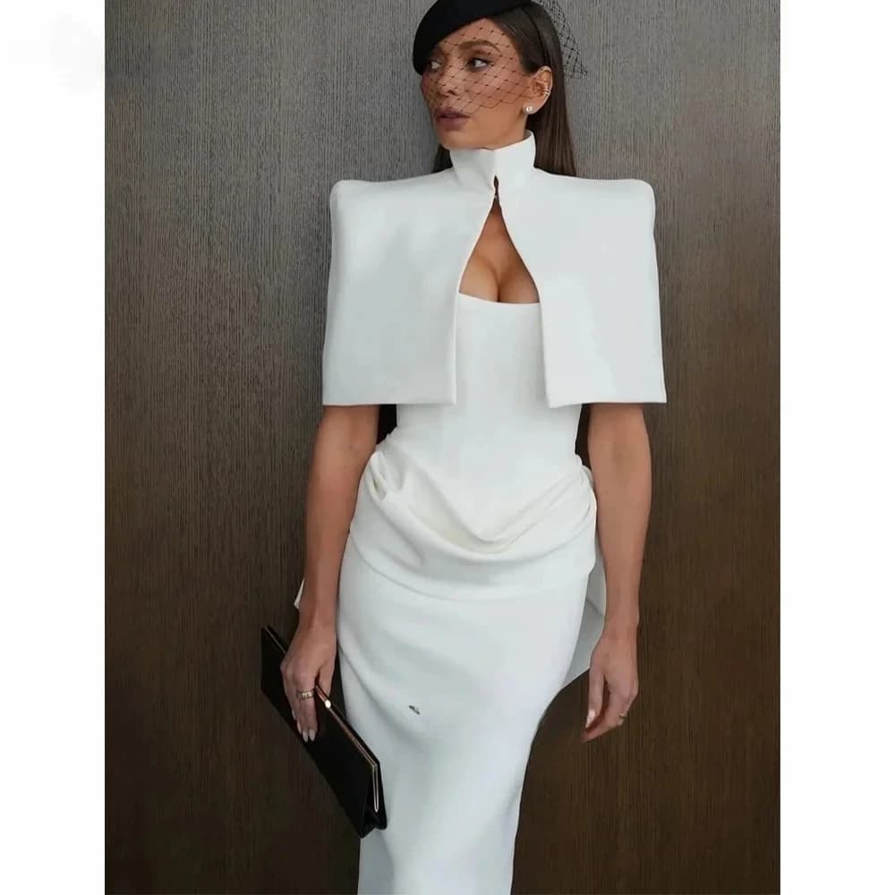 Robe de soirée vintage pour invitée de mariage avec cape, élégante robe de soirée blanche, robes de