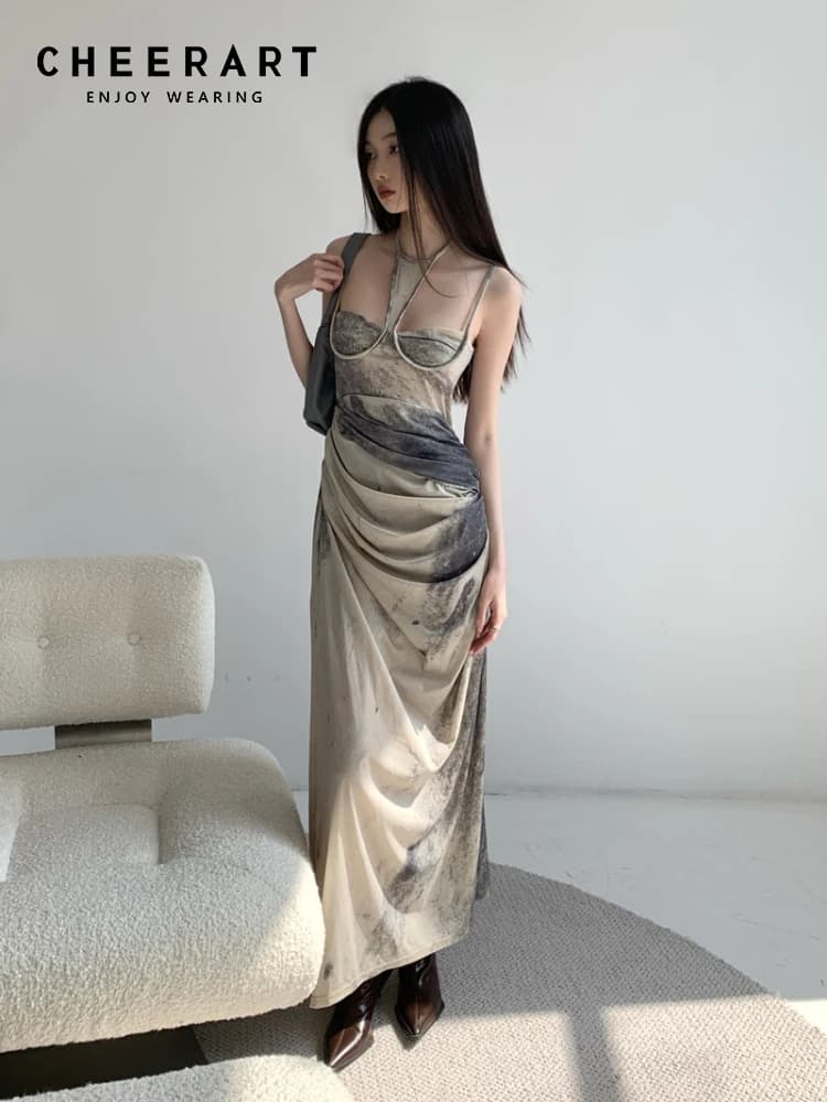 CHEERART – robe longue de styliste pour femmes, teinture par nouage, col licou, froncée, ligne A, do