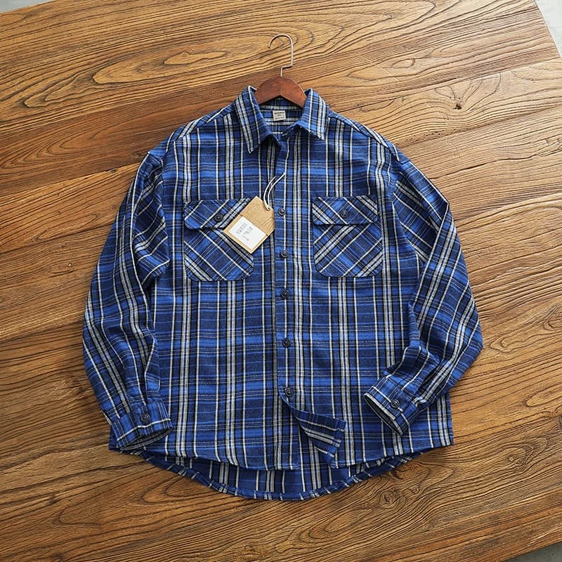 Chemise cargo vintage à carreaux de cheminée pour hommes, flanelle au sol épaissie, chemise à manche