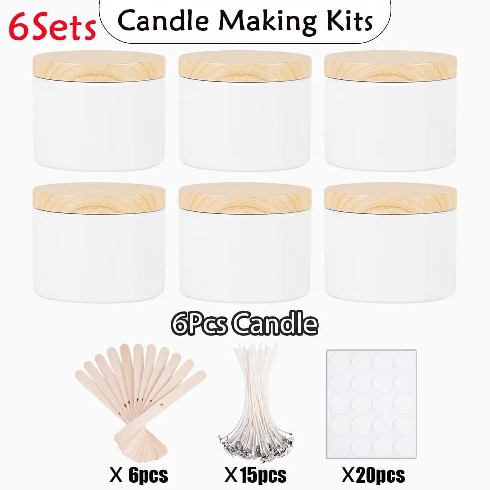 Kit de fabrication de bougies DIY 6 pièces avec pots en fer blanc mat et couvercles imitation bois -