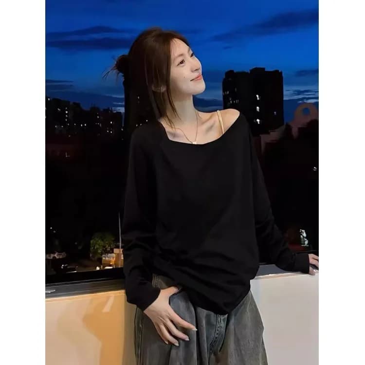 T-shirt asymétrique épaule dénudée à manches longues pour femmes, sexy, épaules dénudées, ample, sty