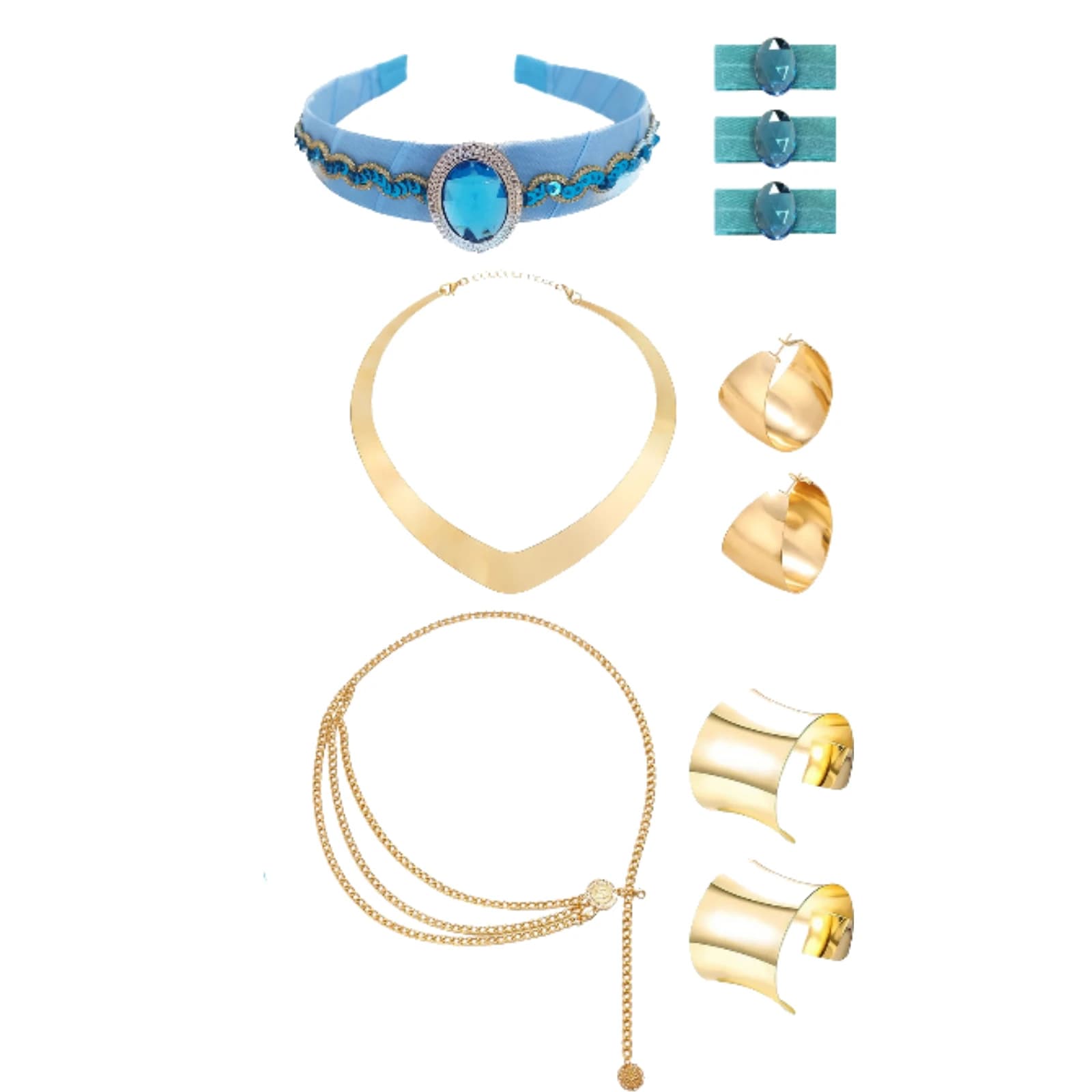 Jasmin bleu accessoires bandeaux grand couvre-chef en cristal chaîne de taille, bracelet, collier pr