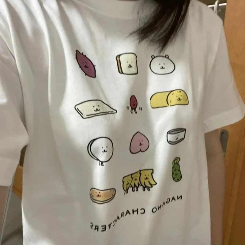 T-shirt graphique Kawaii à motif alimentaire pour femme, coupe ample décontractée, imprimé pain et l