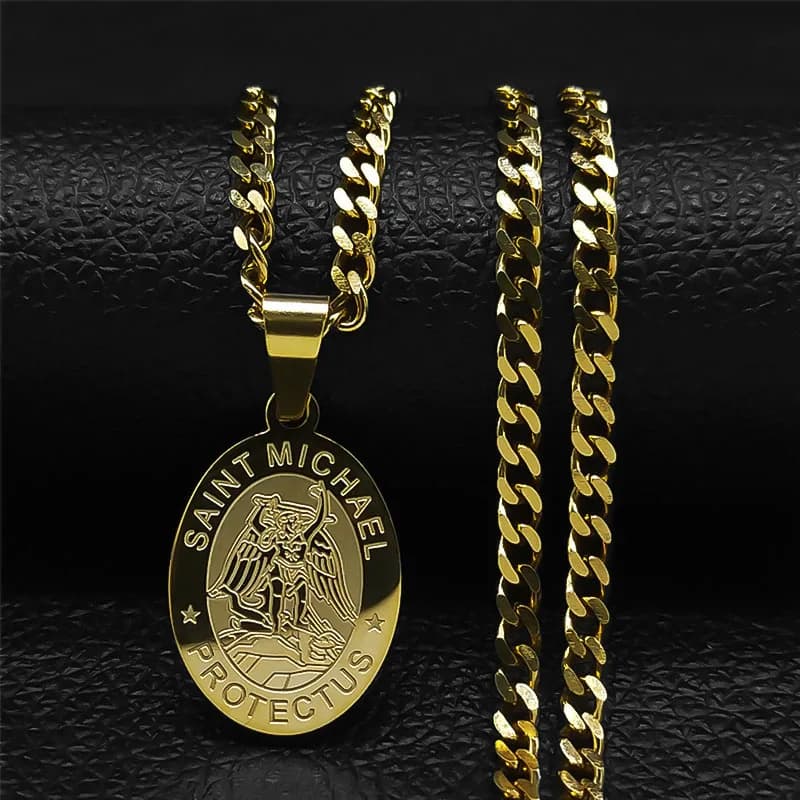 SAINT MICHAEL PROTECT US archange acier inoxydable Saint Michael collier hommes/femmes couleur or pe