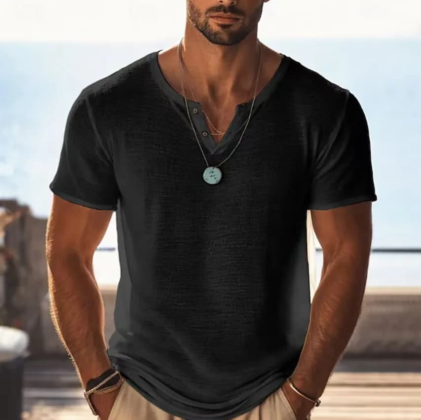 Nouveauté été : Chemises Henley pour hommes, style streetwear, t-shirts oversize, hauts à col en V b