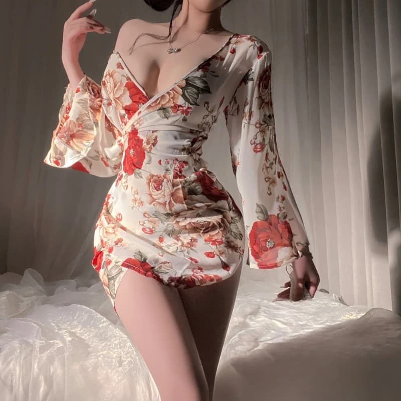 Peignoir de Nuit Sexy en Chiffon Imprimé Japonais, Col en V Transparent, Manches Longues, Style Kimo