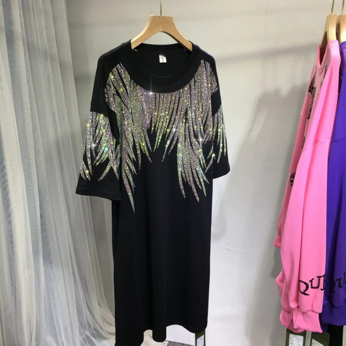 T-shirt à col rond en strass pour femmes, élégant, manches courtes, ample, Y2K, travail lourd, stras