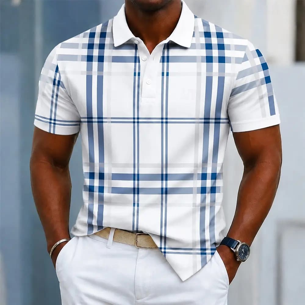 Polo à carreaux bleu et blanc classique pour homme, hauts décontractés pour le printemps et l'été, s