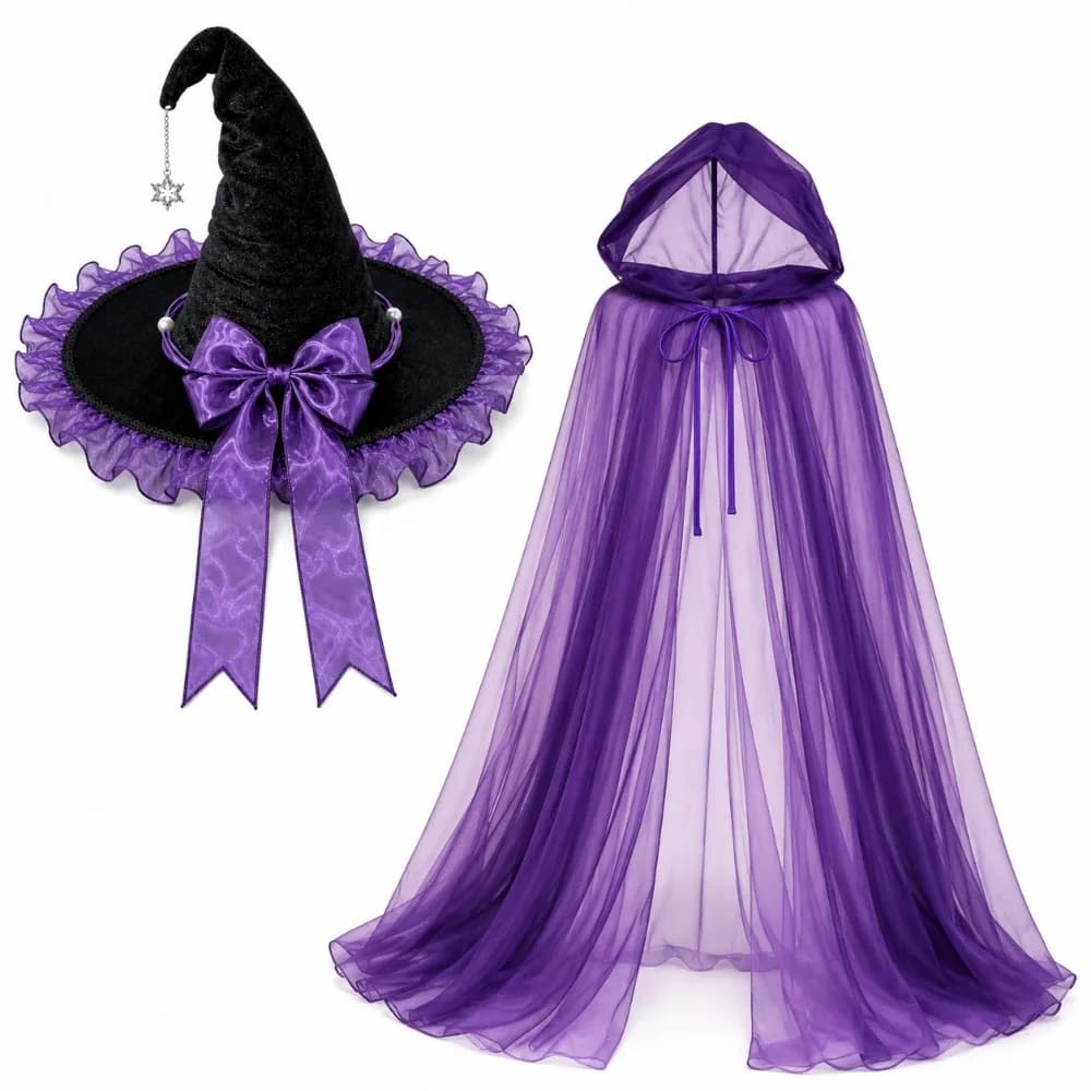 Ensemble Chapeau de Sorcière et Cape pour Jeu de Rôle Halloween, Chapeau de Sorcière à Capuche en Ma