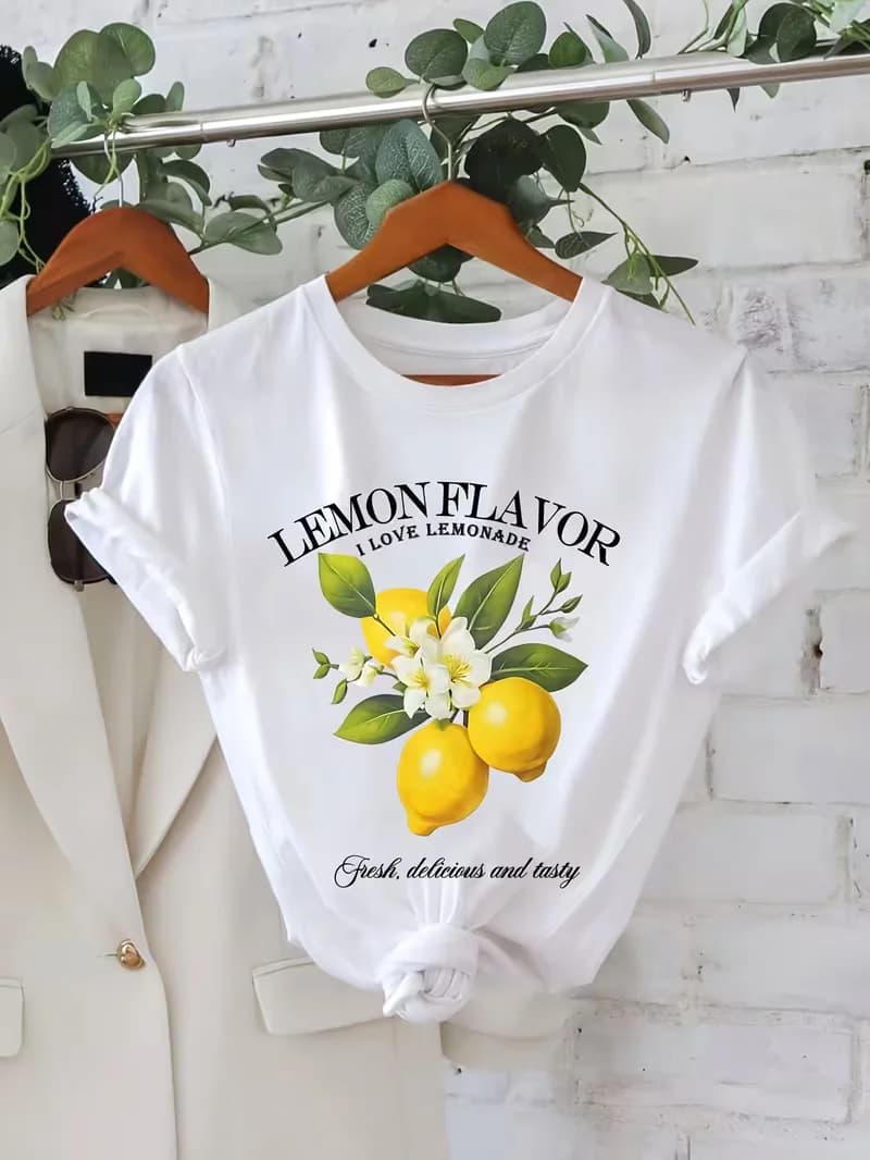 T-shirt imprimé citron pour femme – Manches courtes légères et respirantes, blanc avec motif citron 