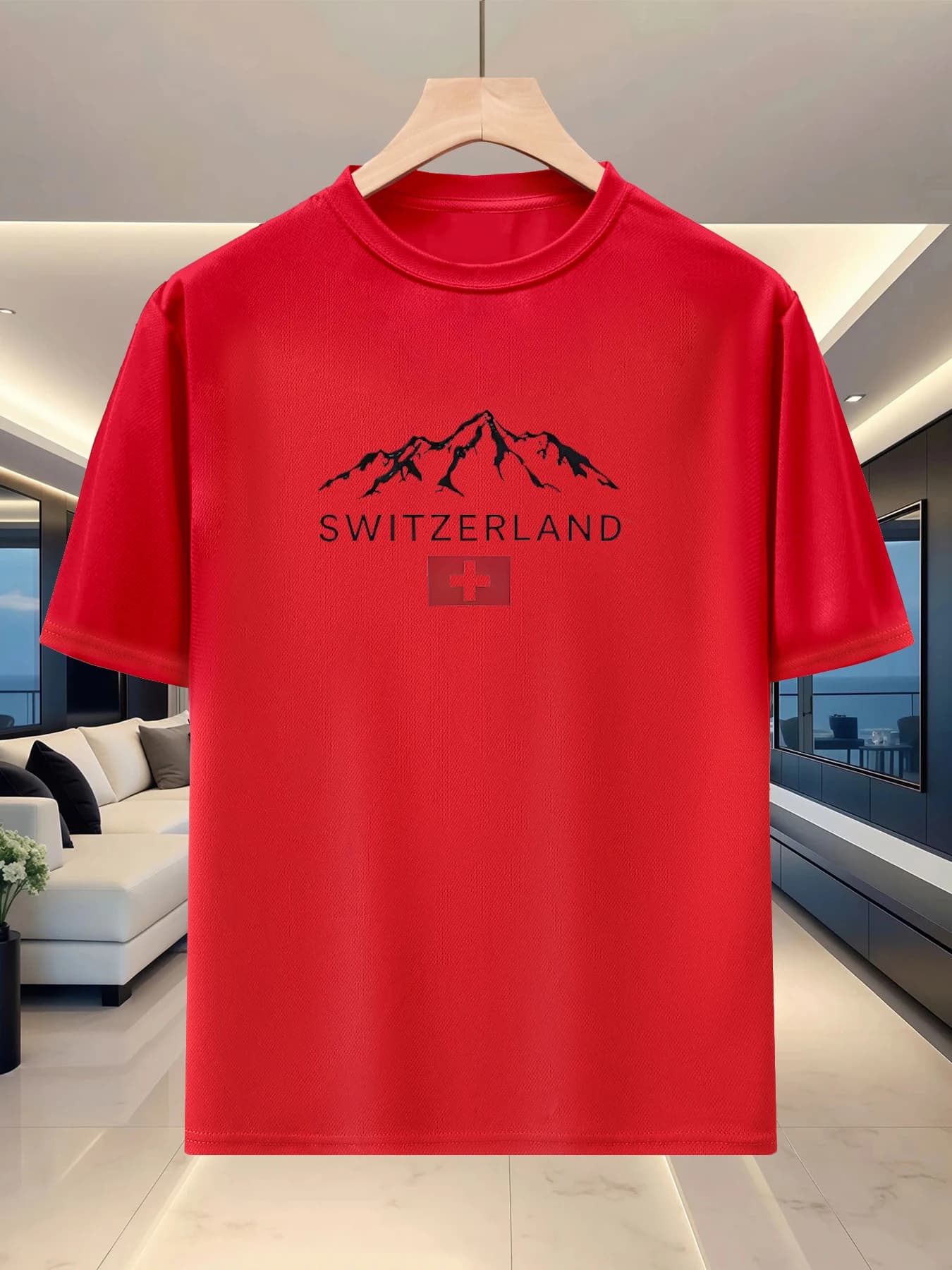 T-shirt à manches courtes et col rond pour homme - Coupe décontractée d'été - Imprimé motif montagne