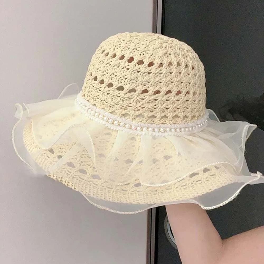 Chapeau de plage beige portable en polyester respirant tressé avec dentelle et perles, style françai