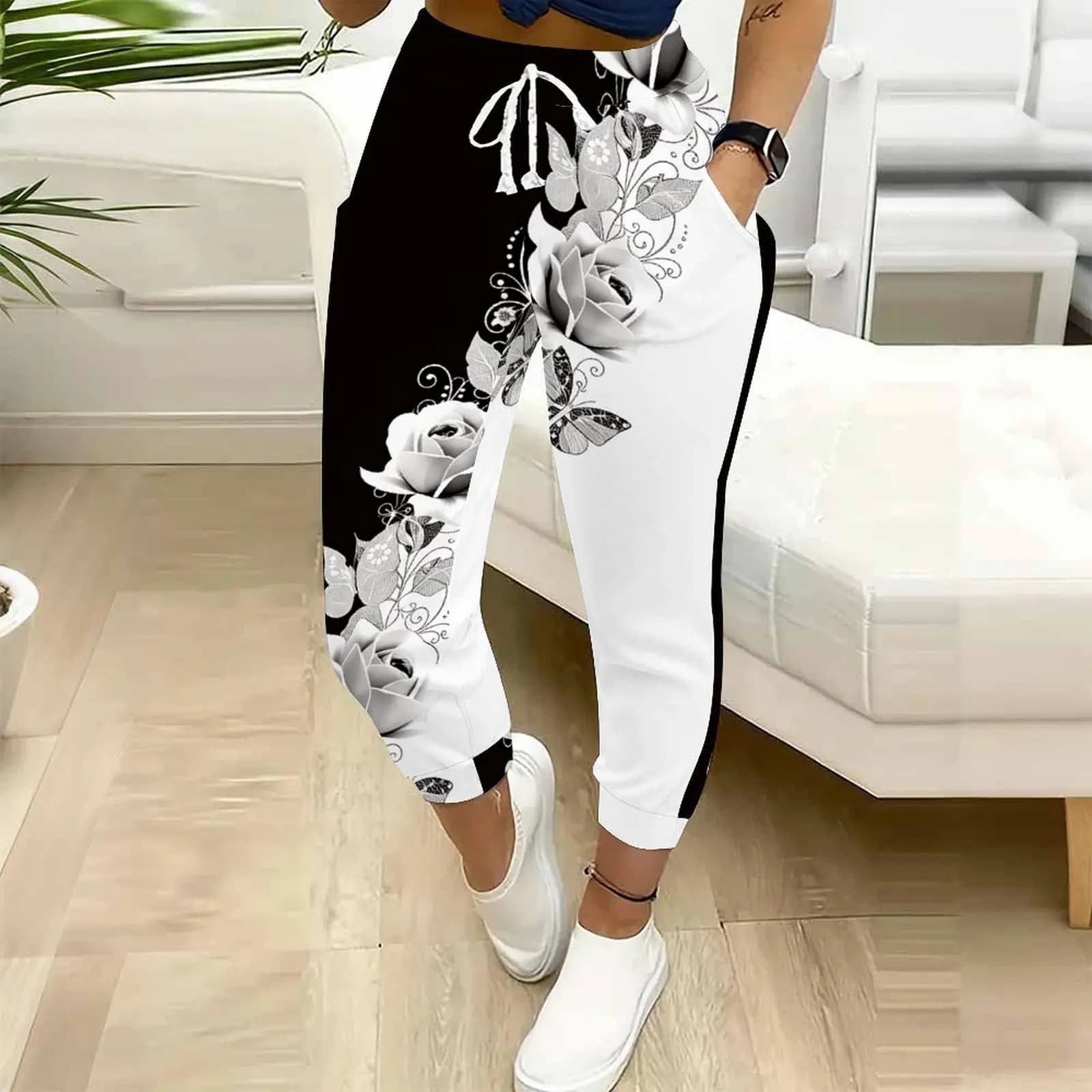 Pantalon de jogging décontracté pour femme, imprimé roses noir et blanc, taille haute avec cordon de
