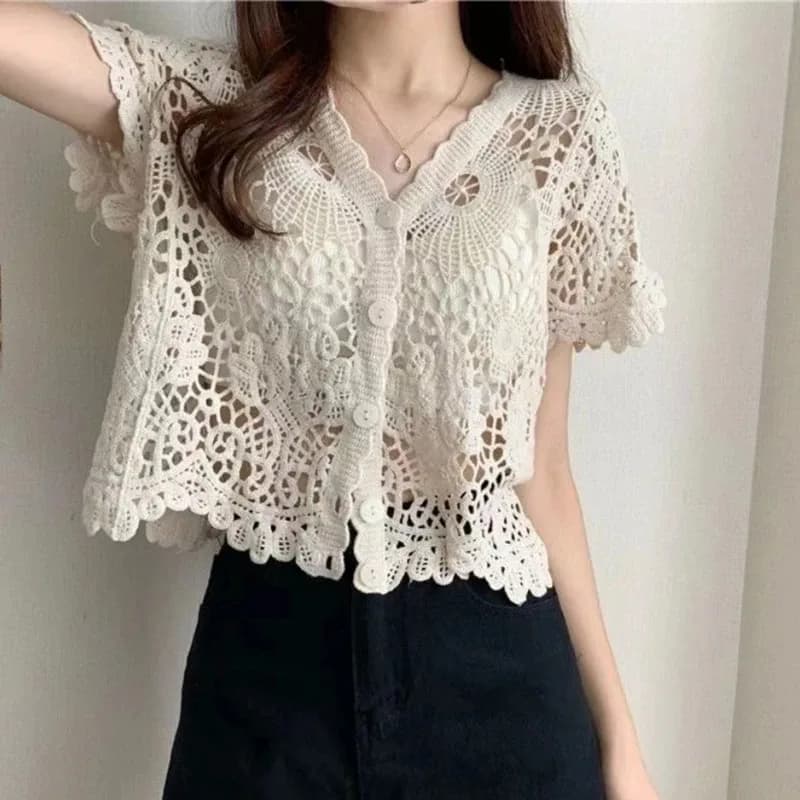 Cardigan court en dentelle ajourée au crochet pour femme, style français, à manches courtes, col en 