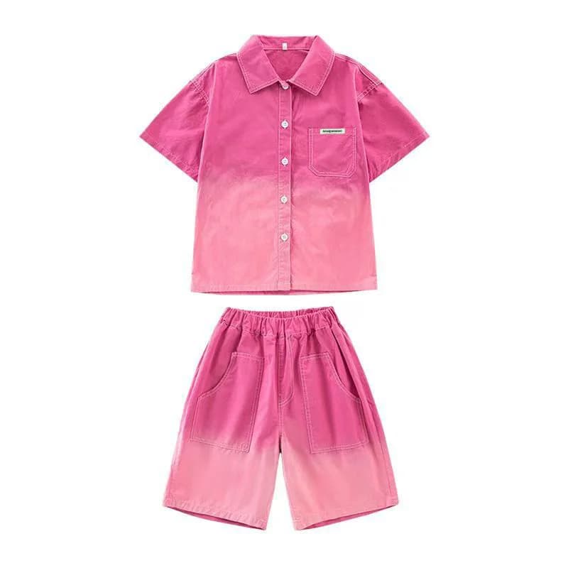 Nouvel ensemble décontracté 2026 pour garçons : chemise et short rose dégradé, coupe ample, tenue de