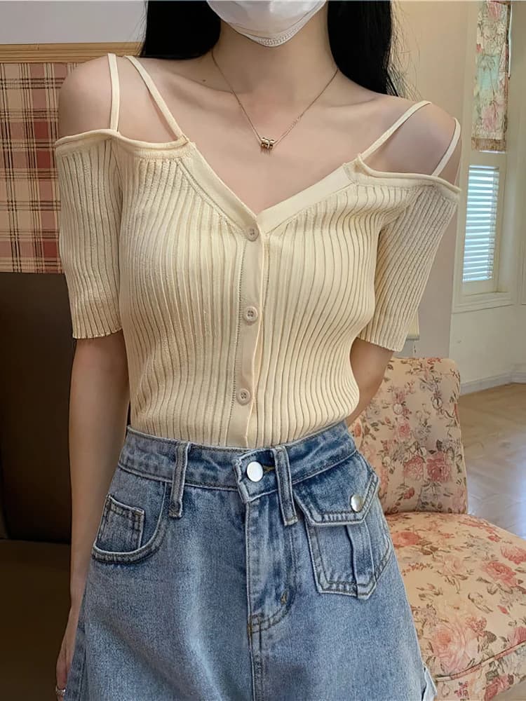 Tricot col en V hors épaule fine sangle haut femmes recadrée à manches courtes t-shirt été bouton Se