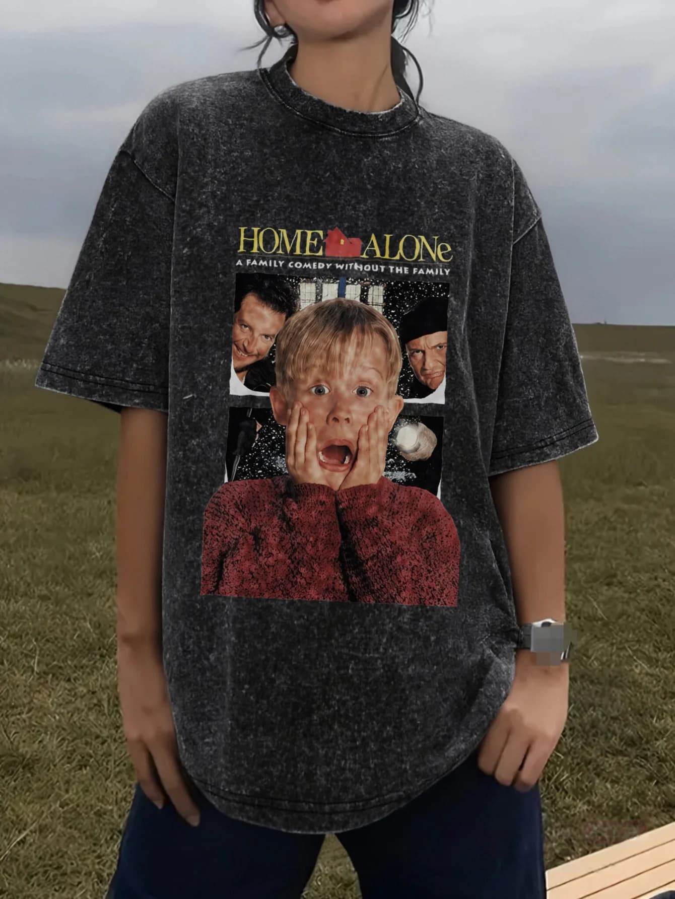 Film de noël seul à la maison T-shirt graphique pour femmes quatre saisons nouveau T-shirt lavé adap