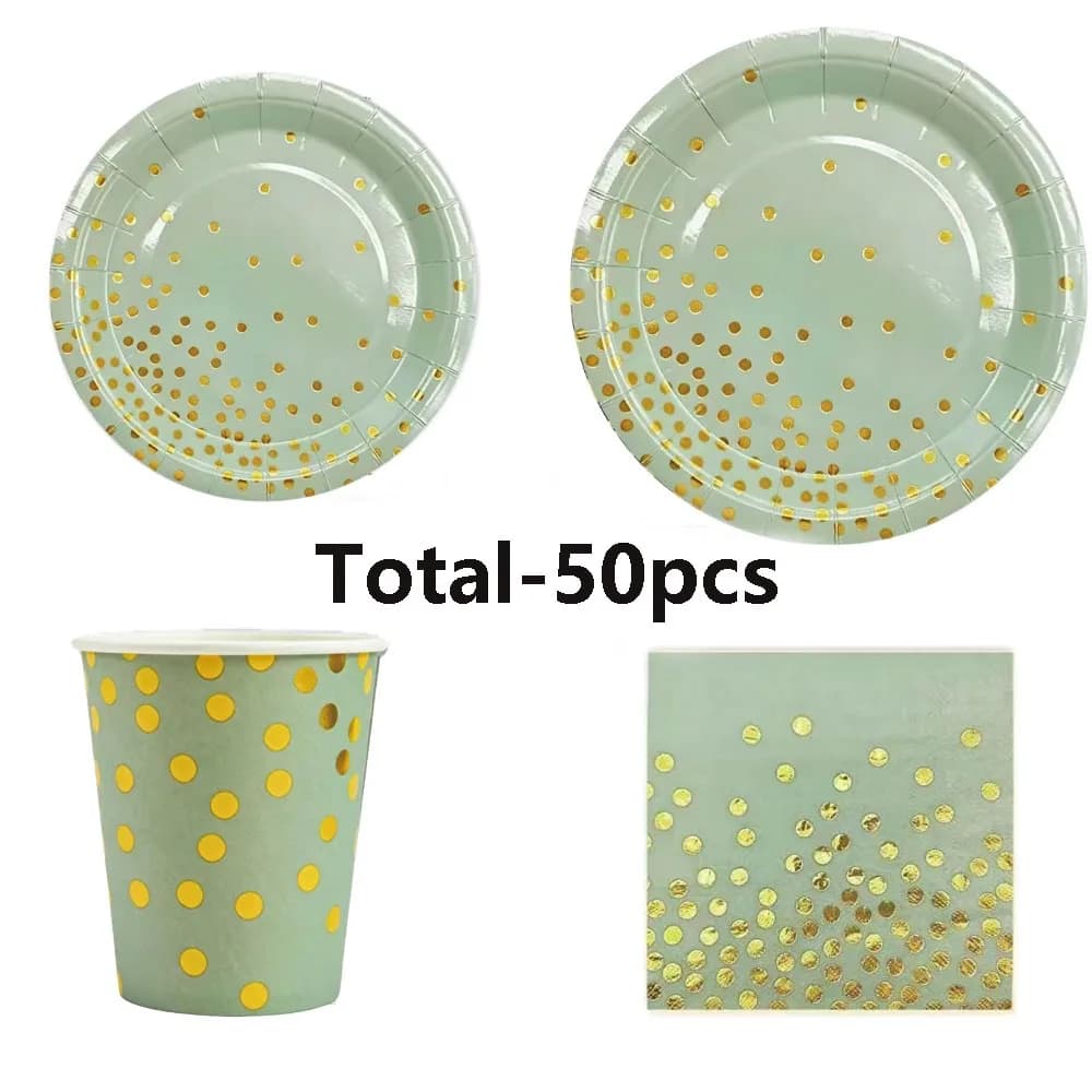 Service de vaisselle vert sauge pour fête, comprenant assiettes, gobelets et serviettes, pour annive