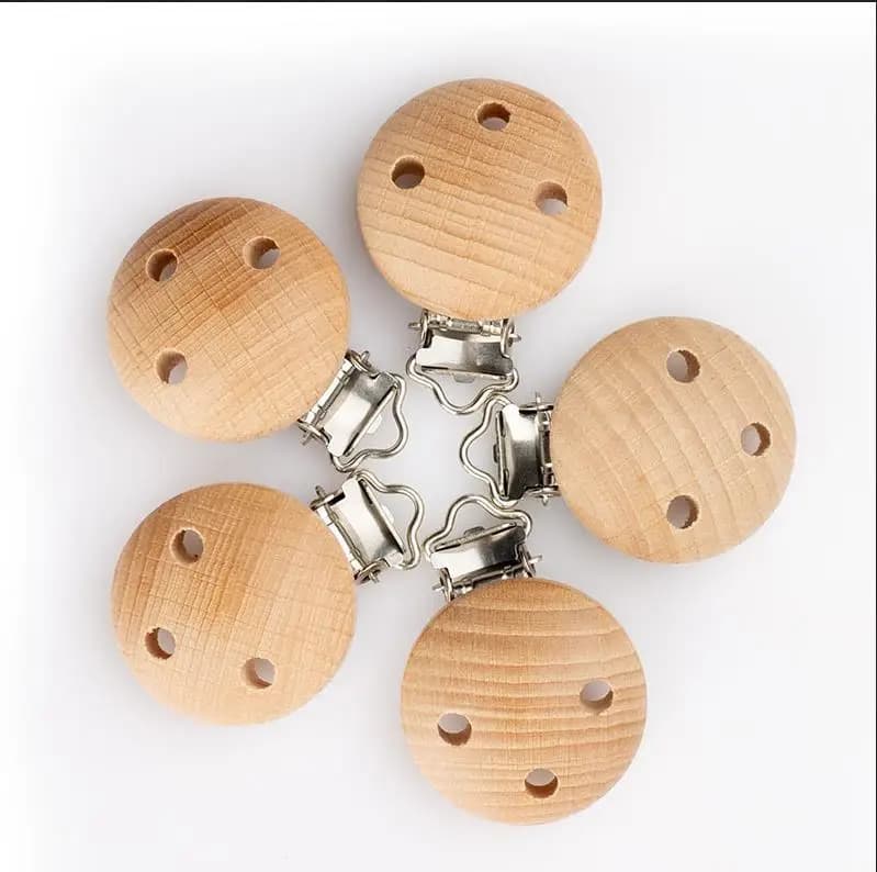 Lot de 5 attaches-tétines en bois de hêtre et acier, motifs animaux mignons, accessoire de fixation