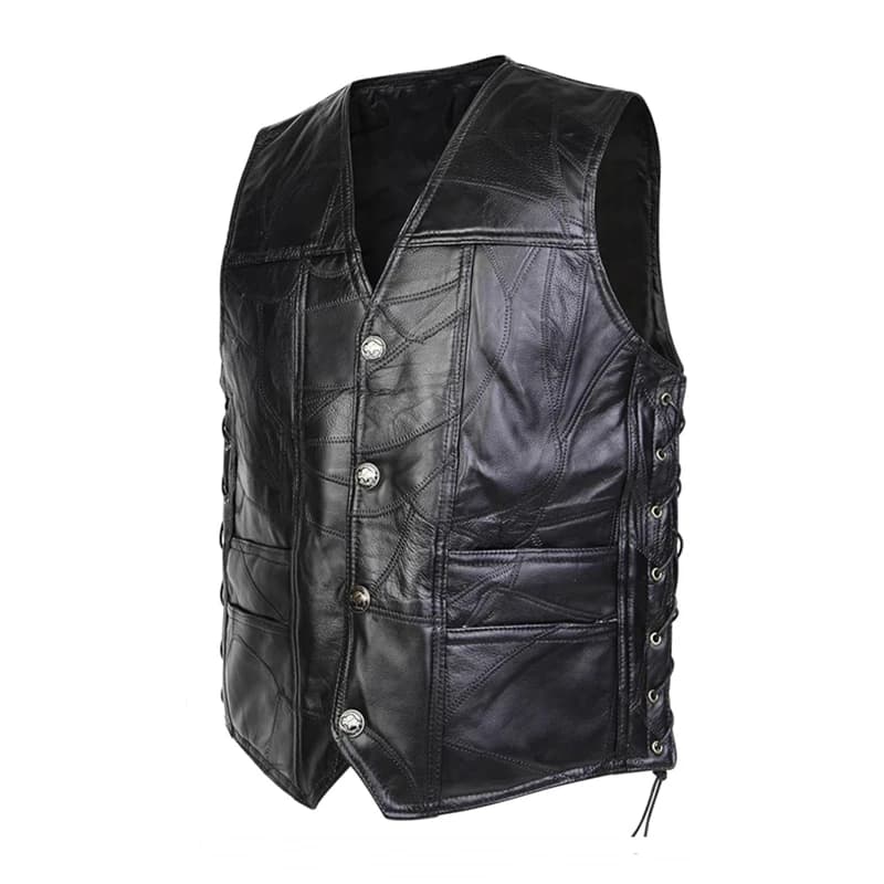 Gilet de motard en similicuir noir réglable avec lacets latéraux pour homme, gilet sans manches en s