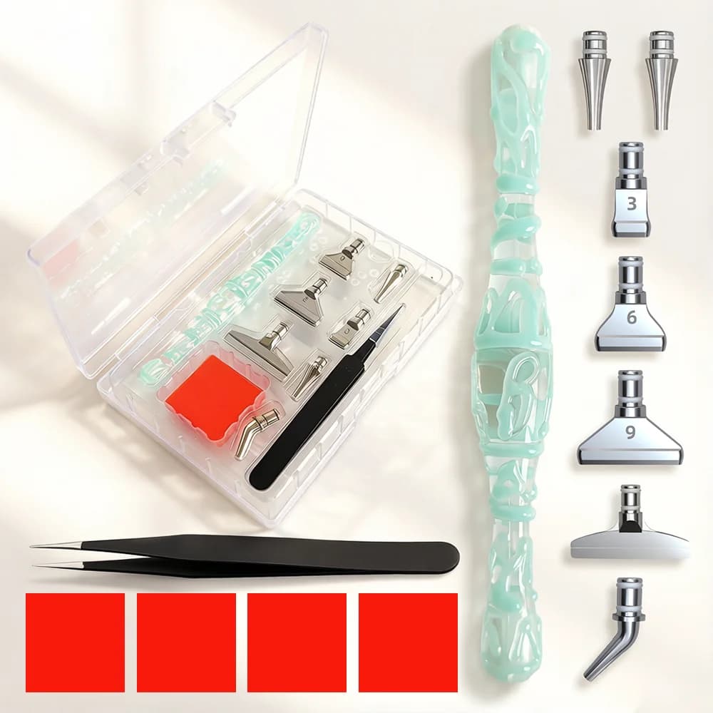 Kit d'accessoires pour la broderie diamant avec 7 embouts métalliques, stylo de pose rose, cire roug