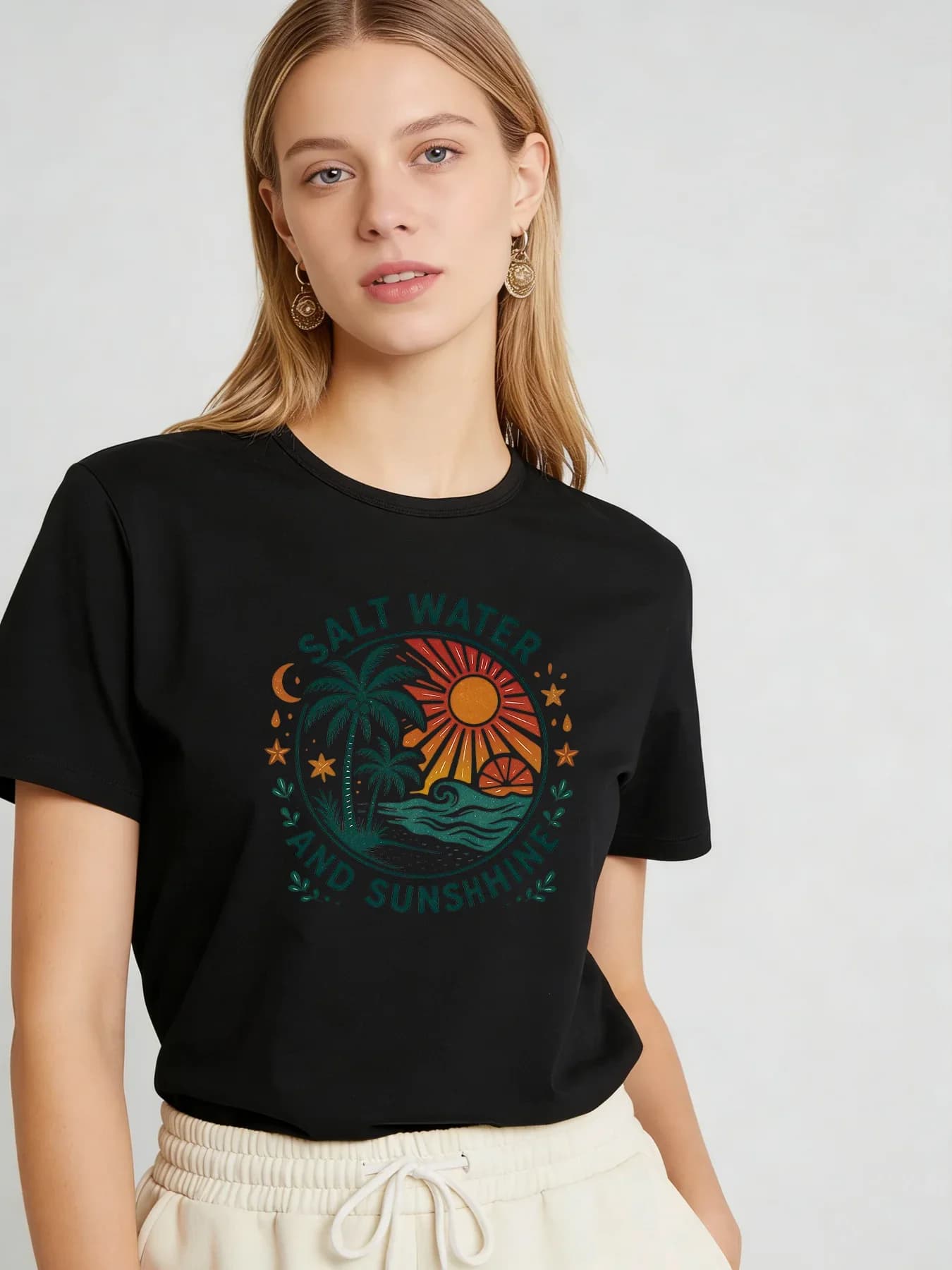 T-shirt pour femme avec motif « Salt Water and Sunshine », décontracté, col rond, manches courtes, p