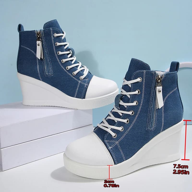 Baskets montantes à talons compensés pour femmes, chaussures en toile décontractées en Denim bleu, m