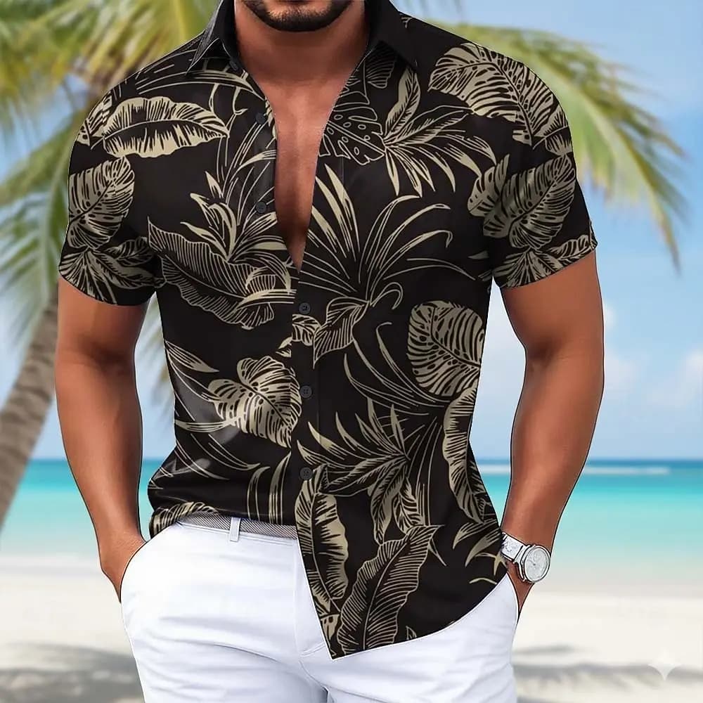 Chemise hawaïenne tropicale à motif feuilles de palmier pour homme, chemise boutonnée à manches cour