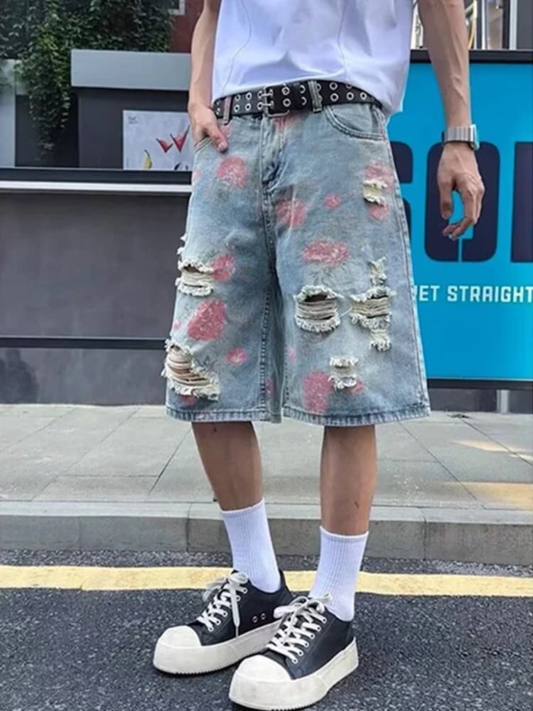 Shorts en jean déchirés et délavés style streetwear américain pour homme, coupe droite, imprimé flor