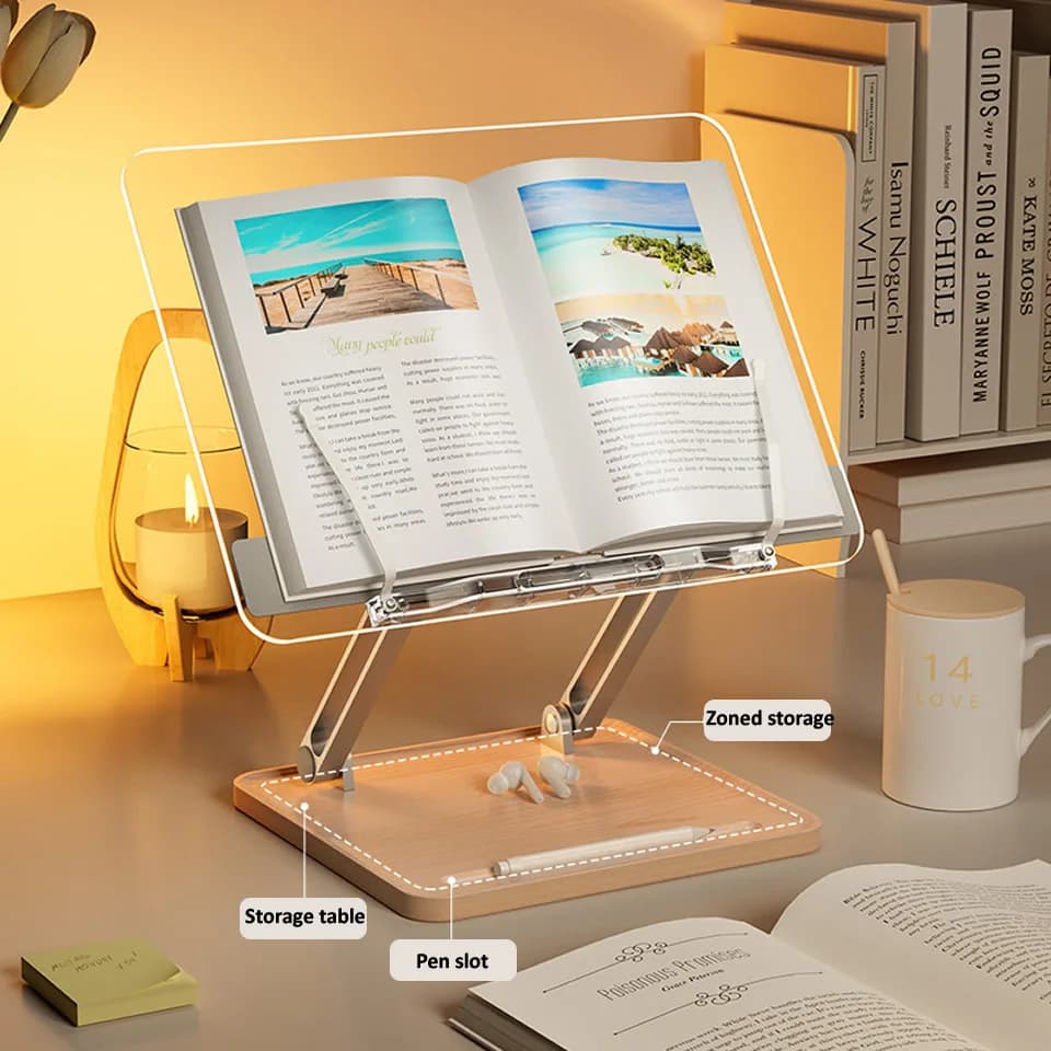 Support de lecture en bois avec lumière, support de tablette multifonctionnel en acrylique transpare