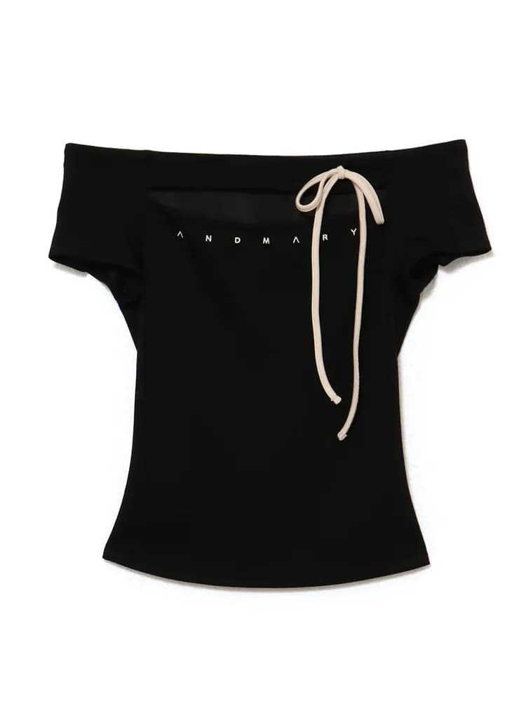 T-Shirt ajouré à épaules dénudées avec lettres brodées de poitrine japonaise, haut d'été Sexy à manc