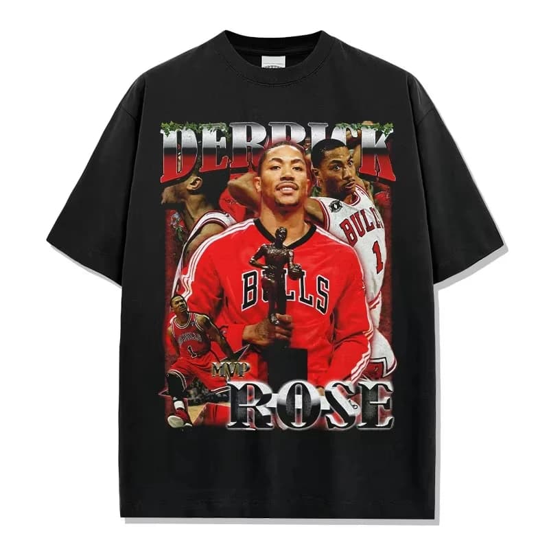 T-shirt graphique hommage à Derrick Rose MVP, coupe oversize, col rond, coton vieilli, basketball, d