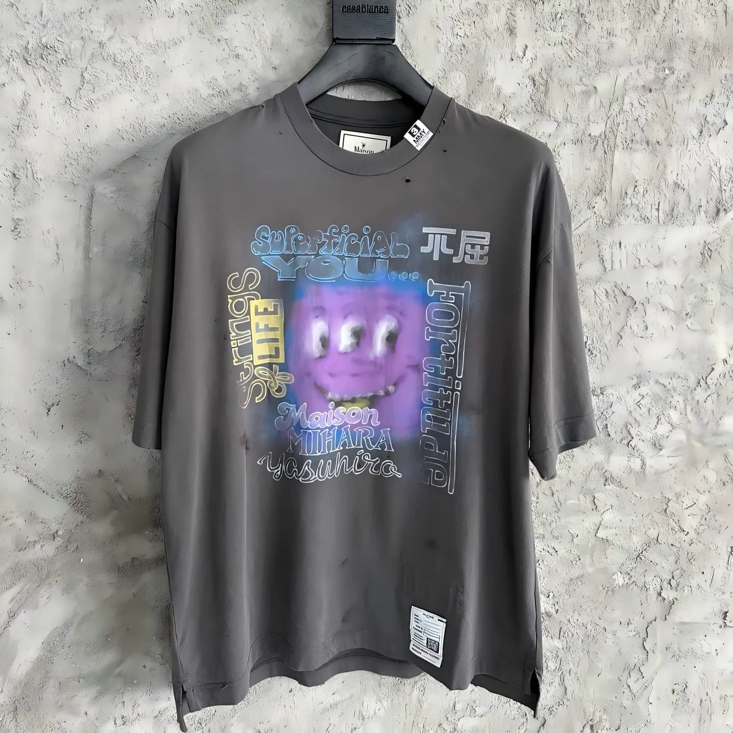 T-shirt vintage pour homme, délavé et vieilli, imprimé graffiti smiley, coupe ample, style streetwea