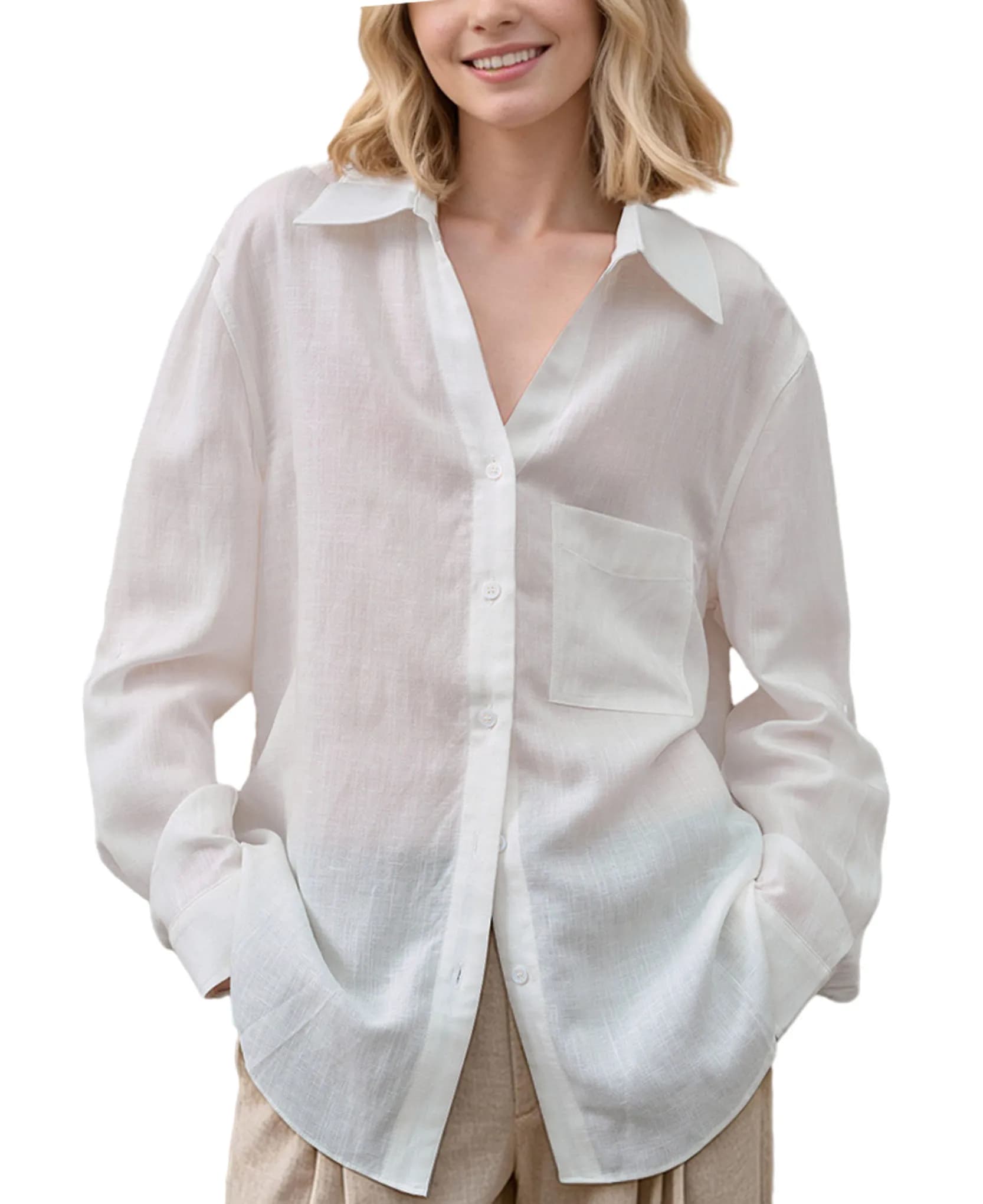 Chemise en lin 100% pour femme, boutonnée, manches longues retroussables, col classique, haut décont